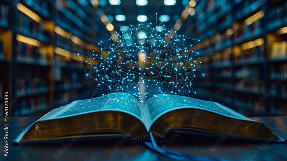 Poster an open book rests on a wooden table, with a digital network of glowing dots creating a luminescent 