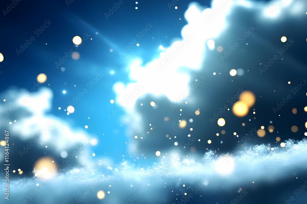 Poster sparkling snowdrift under a bright blue sky with soft clouds and light particles.