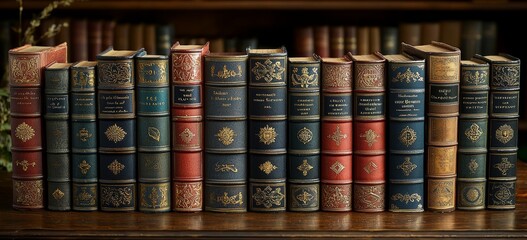 Naklejka premium Antique bookshelves brimming with old literature line the walls of a historic library, creating a warm atmosphere for reading and learning