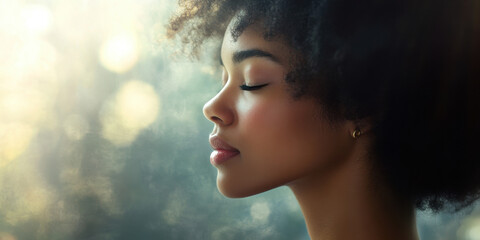 A young woman with curly hair is lost in thought, her eyes closed and face relaxed. Soft light filters through, creating a calm and tranquil atmosphere around her.