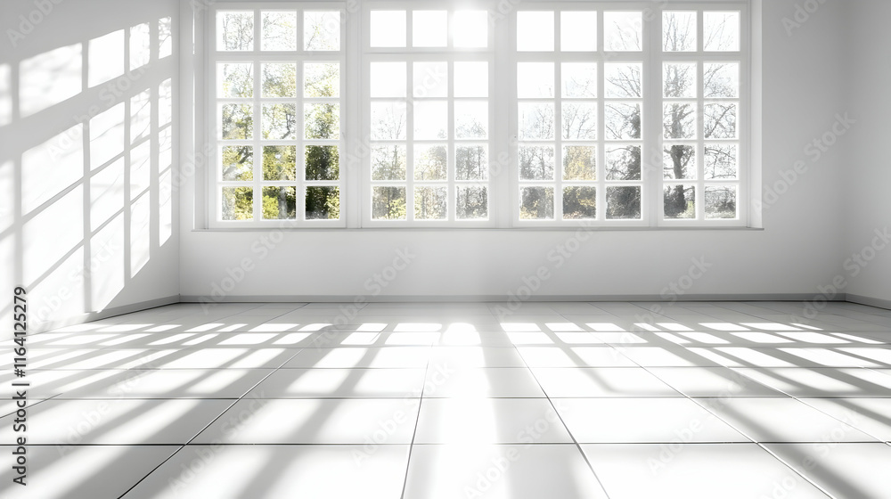 Poster empty white room with large windows and sunlight streaming through, creating shadows on tiled floor.
