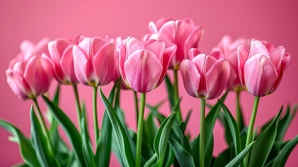 Fototapeta premium Row of pink tulips are arranged in a row on a pink background.