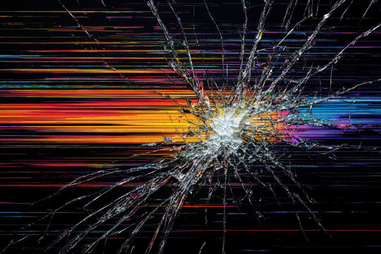 close up of a cracked smashed lcd tv screen with static. Cracked smart phone or tablet device