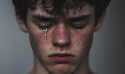 Obraz premium Close-up portrait of a teenage boy crying.