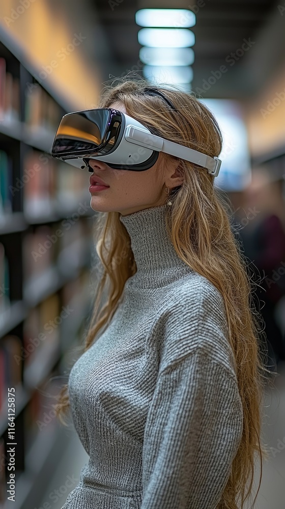 Poster students delving into a vast digital library through a virtual reality classroom, gaining access to 