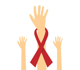 Red Awareness Ribbon Wrapped Around Hand Flat Style. Disease awareness month celebration concept vector art