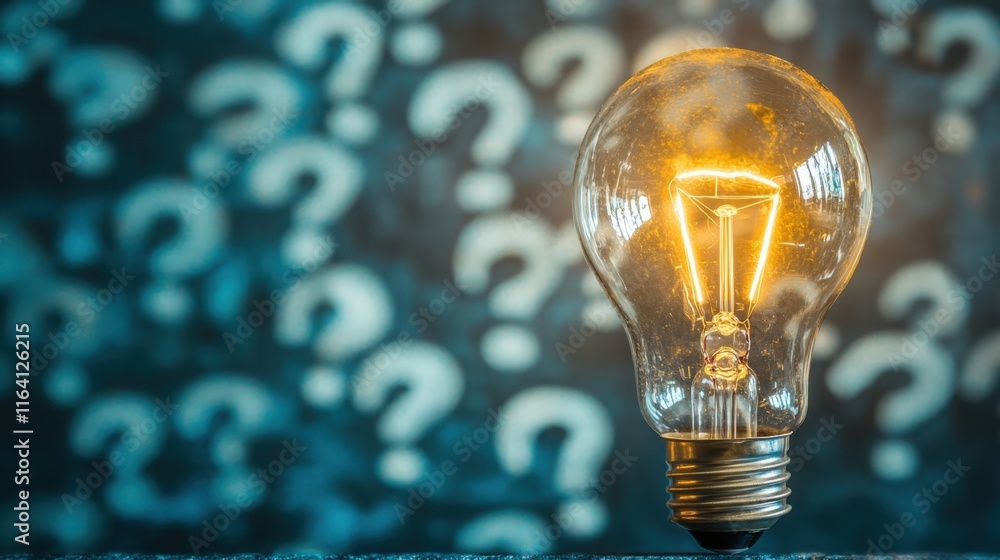 Poster conceptual light bulb with illuminated filament on question background
