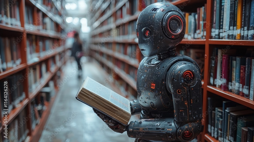 Poster a robot equipped with ai is organizing books in a futuristic library that features digital learning 