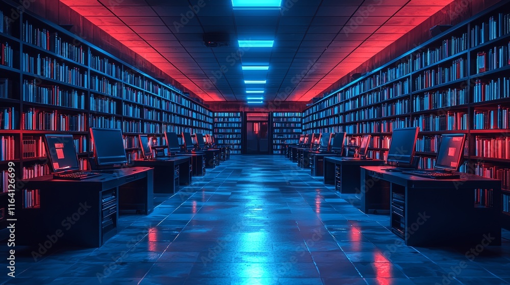 Poster a modern library space with shelves and computers arranged neatly