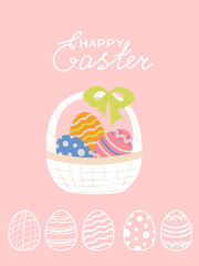 Happy Easter. Card, poster, invitation with basket and easter eggs. Modern design style.