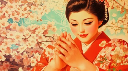 Fototapeta premium Serene Geisha Amidst Cherry Blossoms: A Vintage Japanese Painting