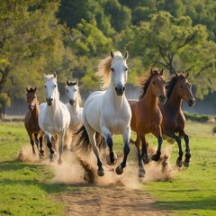 Obraz premium A group of horses are running through a field, with some of them being brown and white. The horses are running in a line, with the brown horses in the middle and the white horses on either side
