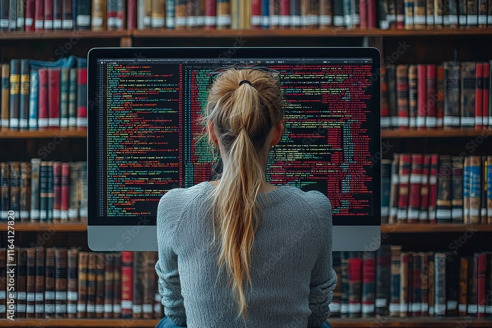 Poster a library hosts a young woman coding on a computer in the evening