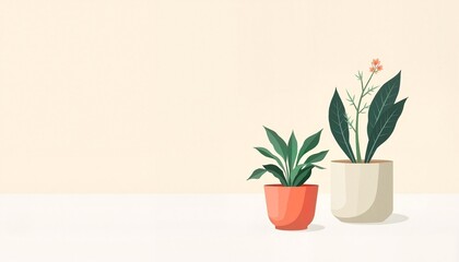 Two decorative houseplants in pots isolated on a beige background.
