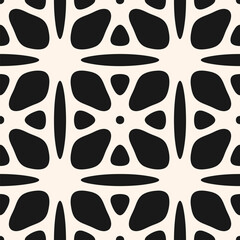 Black and white geometric seamless pattern. Simple vector floral ornament. Abstract background texture with bold flower silhouettes, leaves, lattice, rounded shapes, tiles. Monochrome repeat design