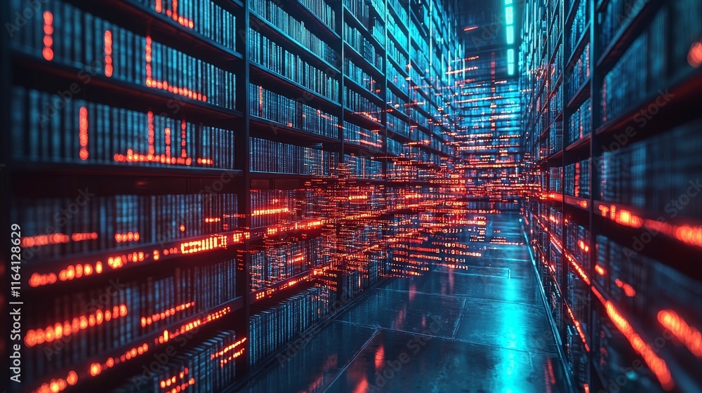 Poster Futuristic Library featuring holographic data streams that symbolize digitized knowledge