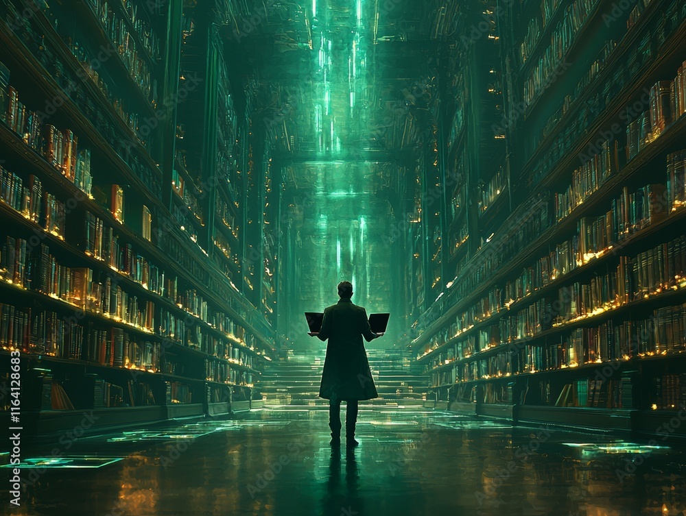 Poster futuristic library with glowing virtual bookshelves and multimedia tablets representing the shift in
