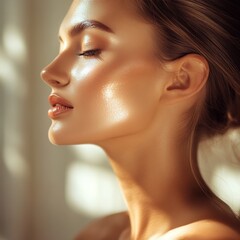 Fototapeta premium Sun-Kissed Beauty Close-up of a Woman's Face