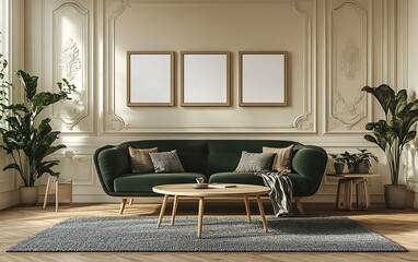 Fototapeta premium Elegant living room interior with green velvet sofa, wooden coffee table, plants, and three blank frames on a wall.