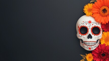 Dia De Los Muertos Sugar Skull With Vibrant Flowers On Black Background Celebrating Mexican Tradition Cultural Art Featuring Detailed Design Highlighting Colorful Festive Elements And Symbolism
