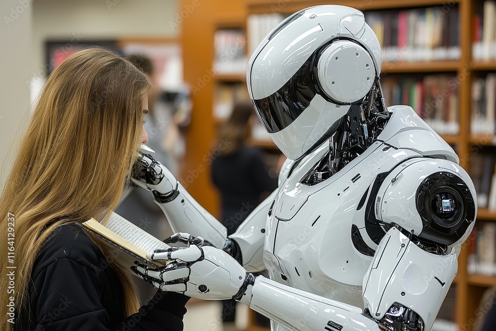 Poster a futuristic robot reads a book in a modern library surrounded by bookshelves and warm lighting, ble