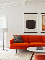 Modern Living Room with Orange Sofa and Abstract Art