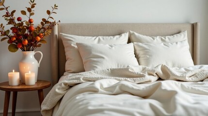 Serene Bedroom Setting with Soft Cream Bedding, Textured Throw, and Autumnal Decor
