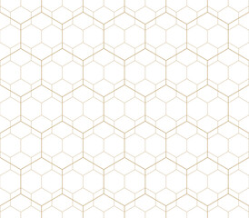 Golden luxury minimalist geometric seamless pattern. Subtle vector linear texture with hexagon grid, delicate minimal lattice, diamonds. Gold and white outline abstract background. Repeating design
