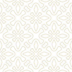 Vector geometric seamless pattern. Abstract golden ornamental texture with flower silhouettes, crosses, diamonds, outline shapes, repeat tiles. Simple white and gold background. Linear geo design