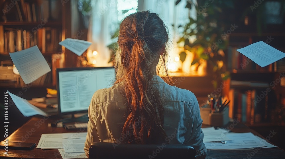 Poster a student at a desk in a 3d-rendered scene is surrounded by floating digital books and notes, illust