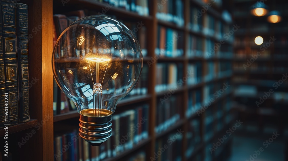 Poster illuminated light bulb atop a stack of books symbolizing knowledge and ideas in a modern library set