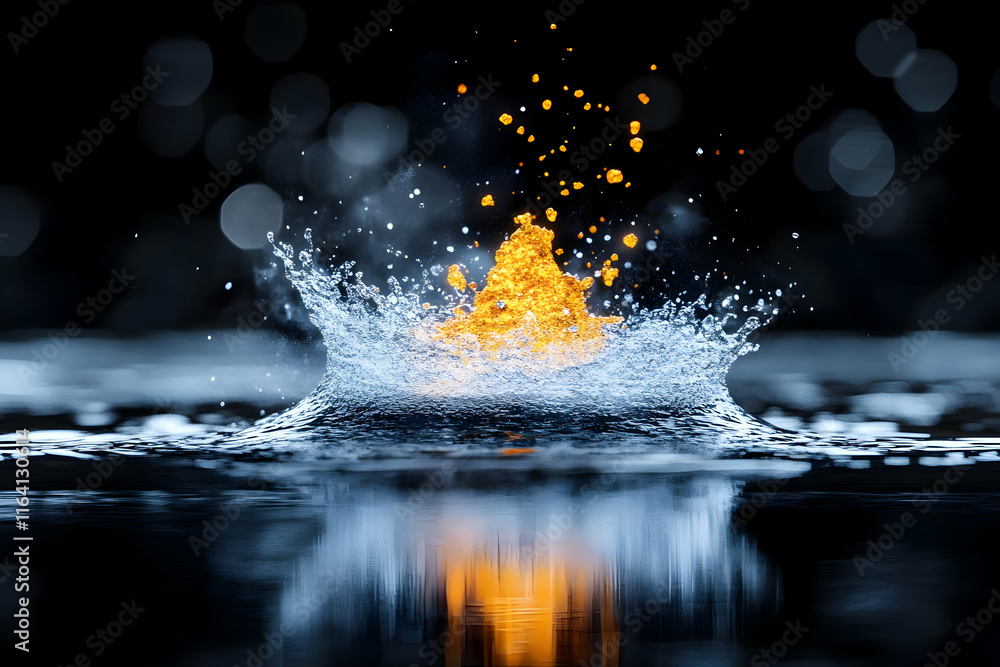 Poster gold powder exploding from water splash with reflection against dark bokeh background.