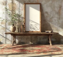 Rustic Wooden Bench with Blank Frame, Books, and Vase