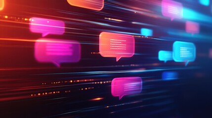 Fast-moving colorful speech bubbles on dark background.