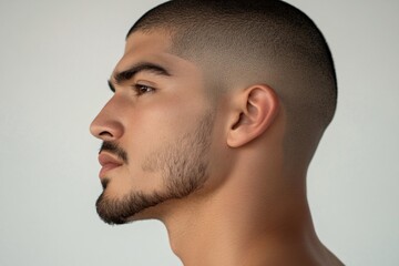 Obraz premium Side Profile of a Young Man with Short Hair and Defined Facial Features