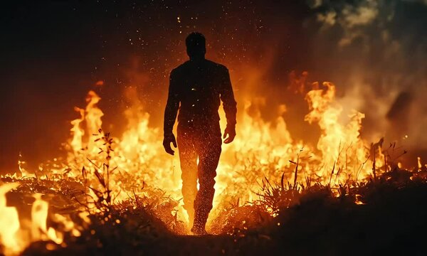 Silhouette Of A Man Walking Through Flames At Night
