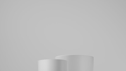 3D Cylinder 2 white pedestal podiums with layer and close up on background clean luxury style low angle