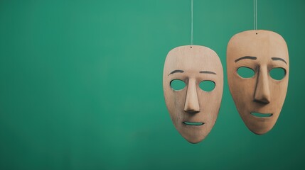 Introspective Puppet Workshop with Hanging Wooden Masks on Green Screen Background for Dramatic and Artistic Expression
