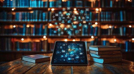 A tablet sits on a rustic wooden table, showing education-related icons, with floating books and glowing library shelves in the background, creating a dimly lit wooden ambiance, symbolizing the