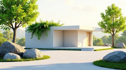 Serene Minimalist Modern House Design in a Lush Green Landscape with Natural Stone Accents