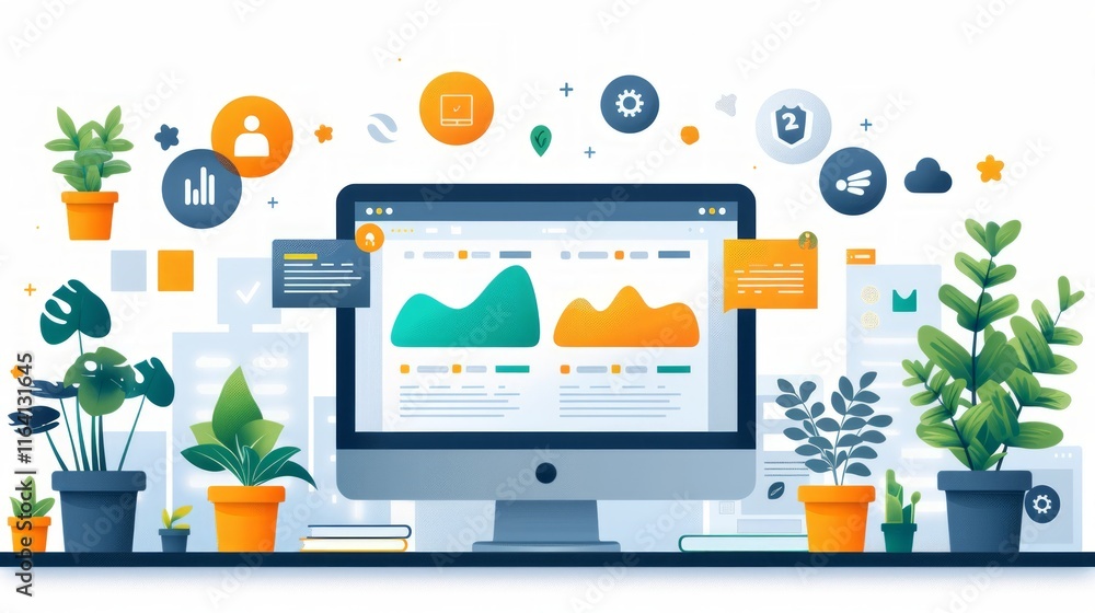 Poster desktop computer displaying graphs, surrounded by potted plants and business icons.