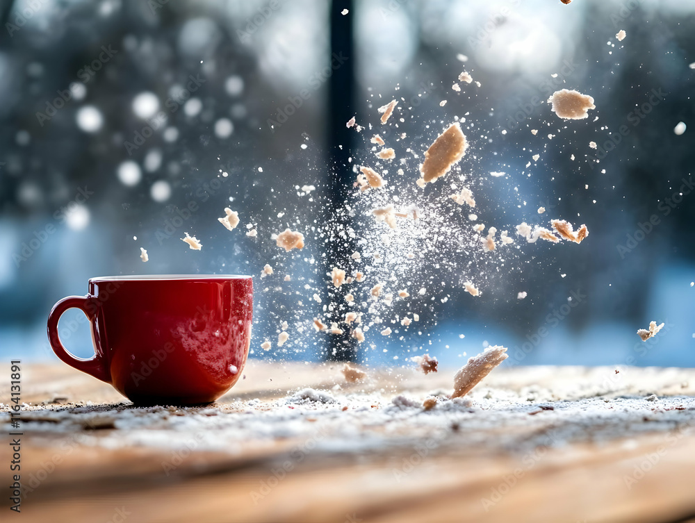 Poster cookie crumbs exploding from red mug on snowy table.