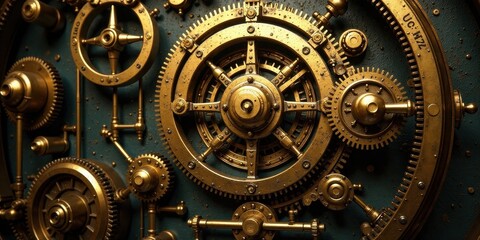 Intricate Golden Gears of an Antique Mechanism A Close-Up View Revealing the Complex Interlocking Components and Detailed Craftsmanship