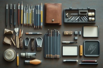 A flat lay of art supplies, including ink pens, erasers, and rulers.