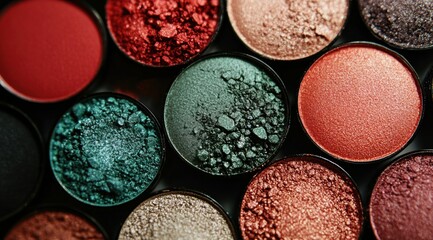 A close-up of various eyeshadow colors, including reds and greens, arranged on the ground in an artistic display