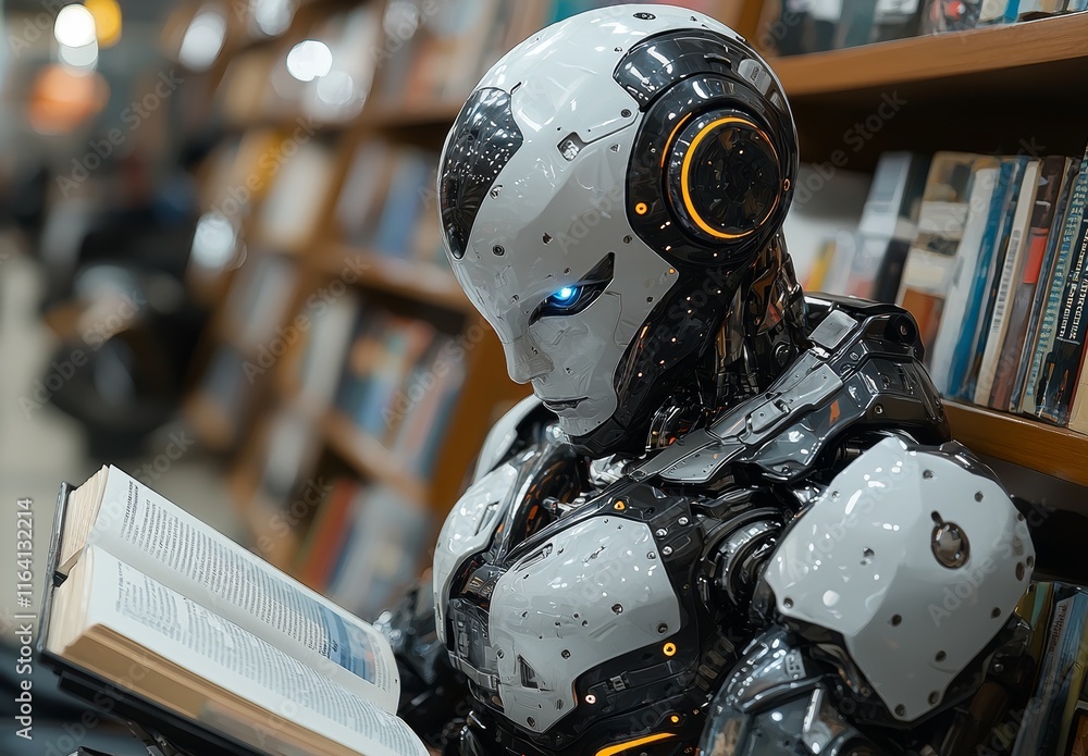 Aufkleber a futuristic robot immerses itself in a book within a library adorned by bookshelves abundant in lit