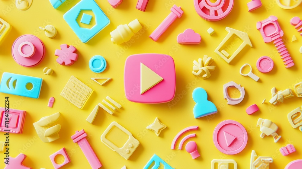 Aufkleber on a yellow background, a lively and artistic layout of colorful play buttons and icons conveys them