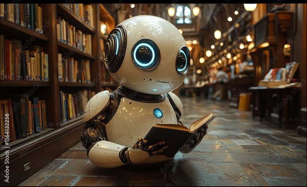 Poster a humanoid robot immersed in reading a book in a library, framed by towering bookshelves, represents