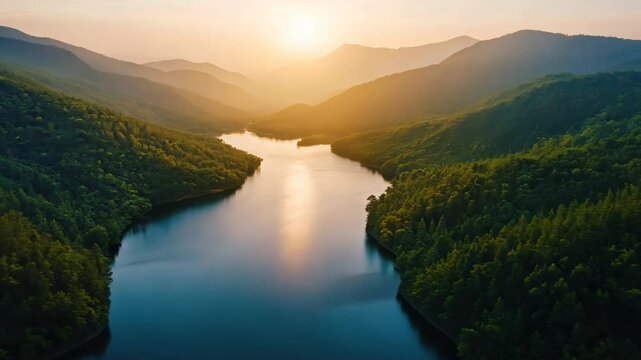 Breathtaking sunset over tranquil river surrounded by lush mountains in serene natural landscape