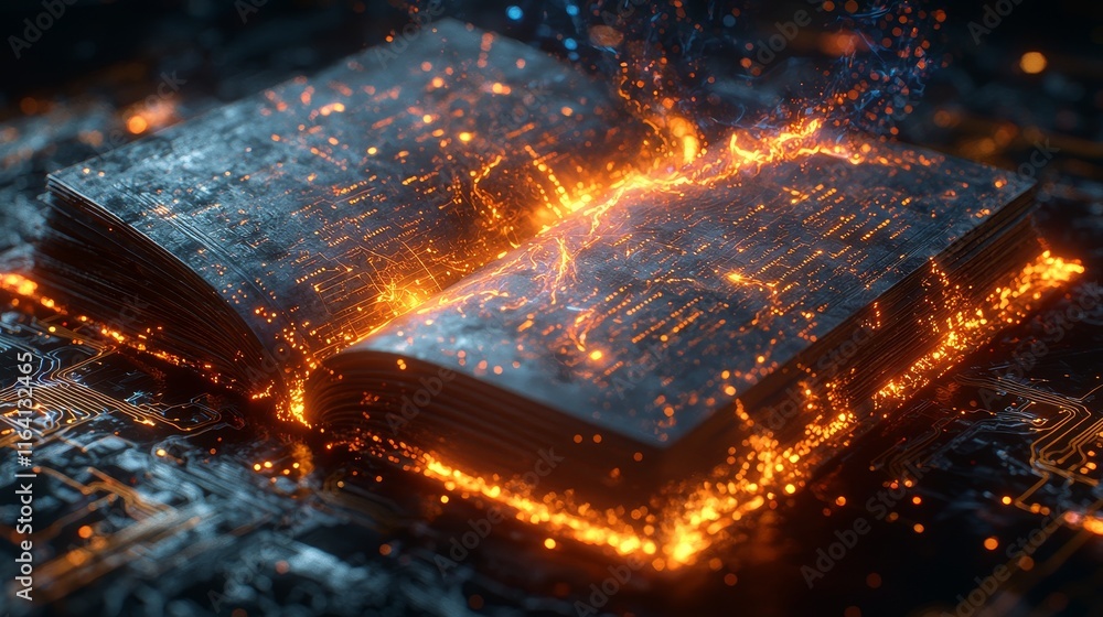 Poster the open book, its pages glowing with digital data, represents the intersection of knowledge and tec